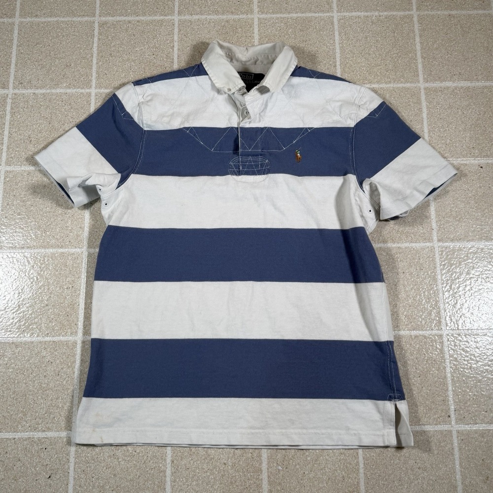 Vtg Polo Ralph Lauren Blue White Stripe Rugby Shirt Sz M Flesh Pony Kanye Preppy
